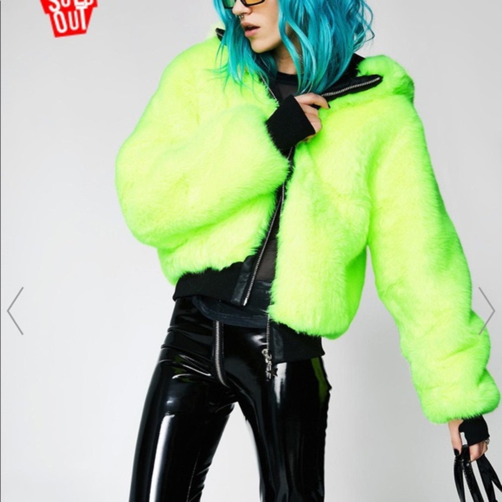 Neon green faux fur jacket with hood.
